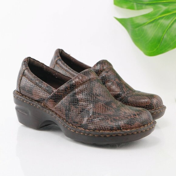 Born Womens Peggy Clog Size 8 Brown Black Leather Snakeskin Wedge Heel Shoe - Picture 1 of 12